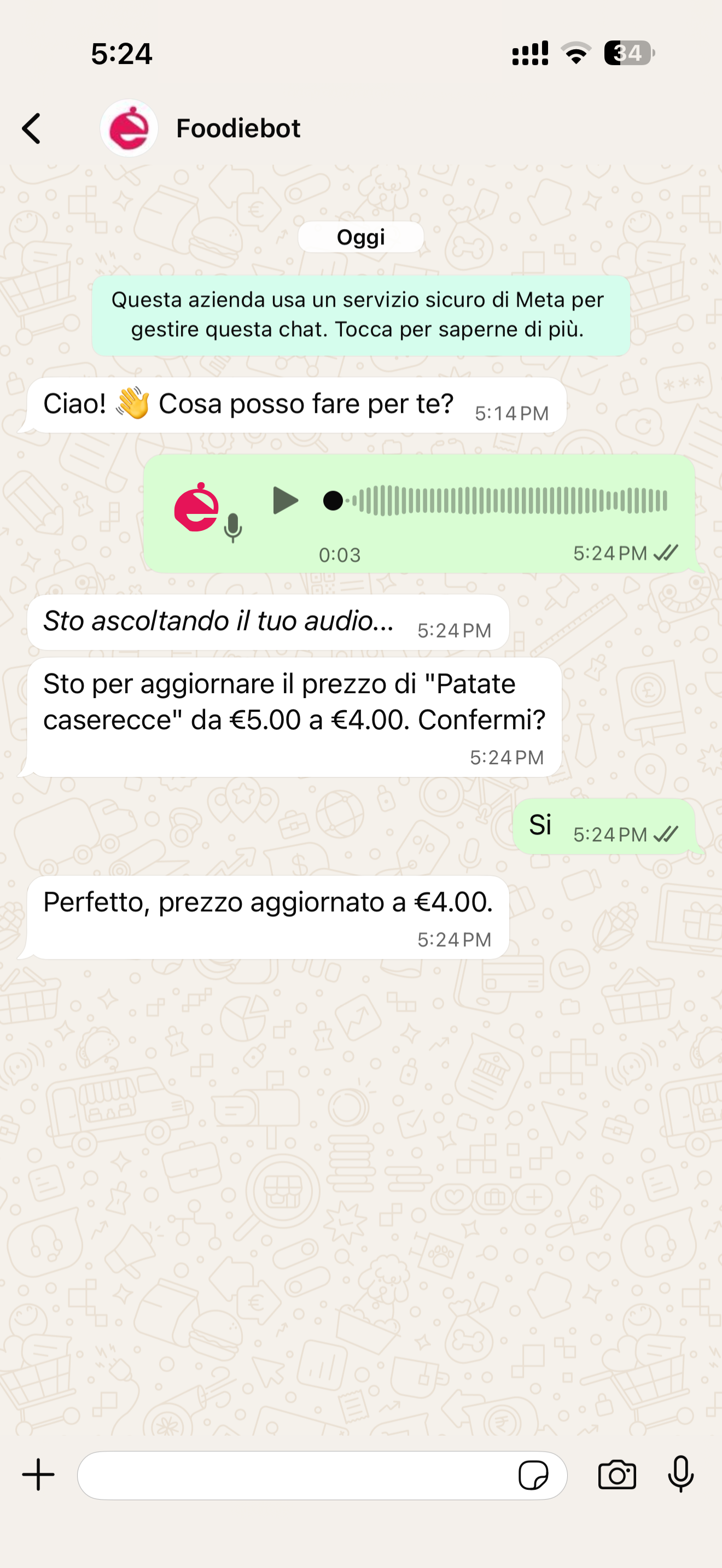 Mockup chat WhatsApp con Foodiebot AI che riceve un messaggio audio