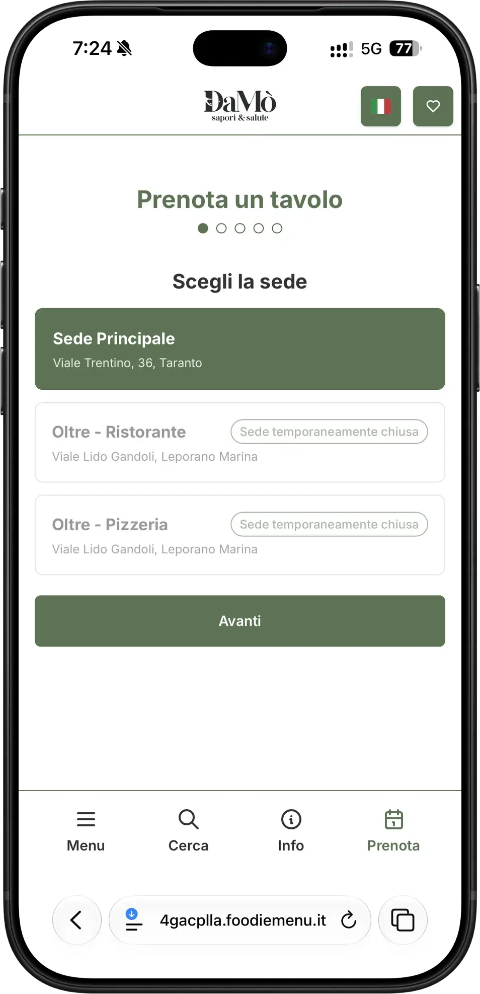 Prenotazione di un tavolo da DaMò con scelta della sede