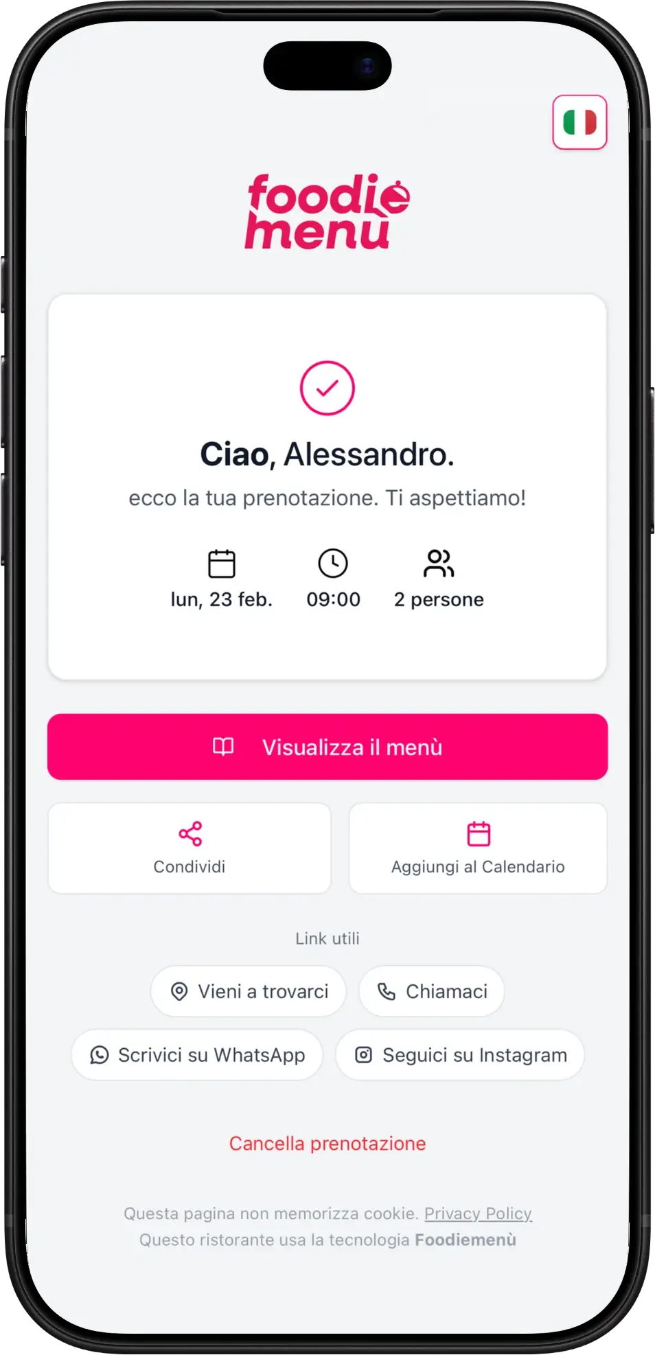 Conferma e gestione prenotazione