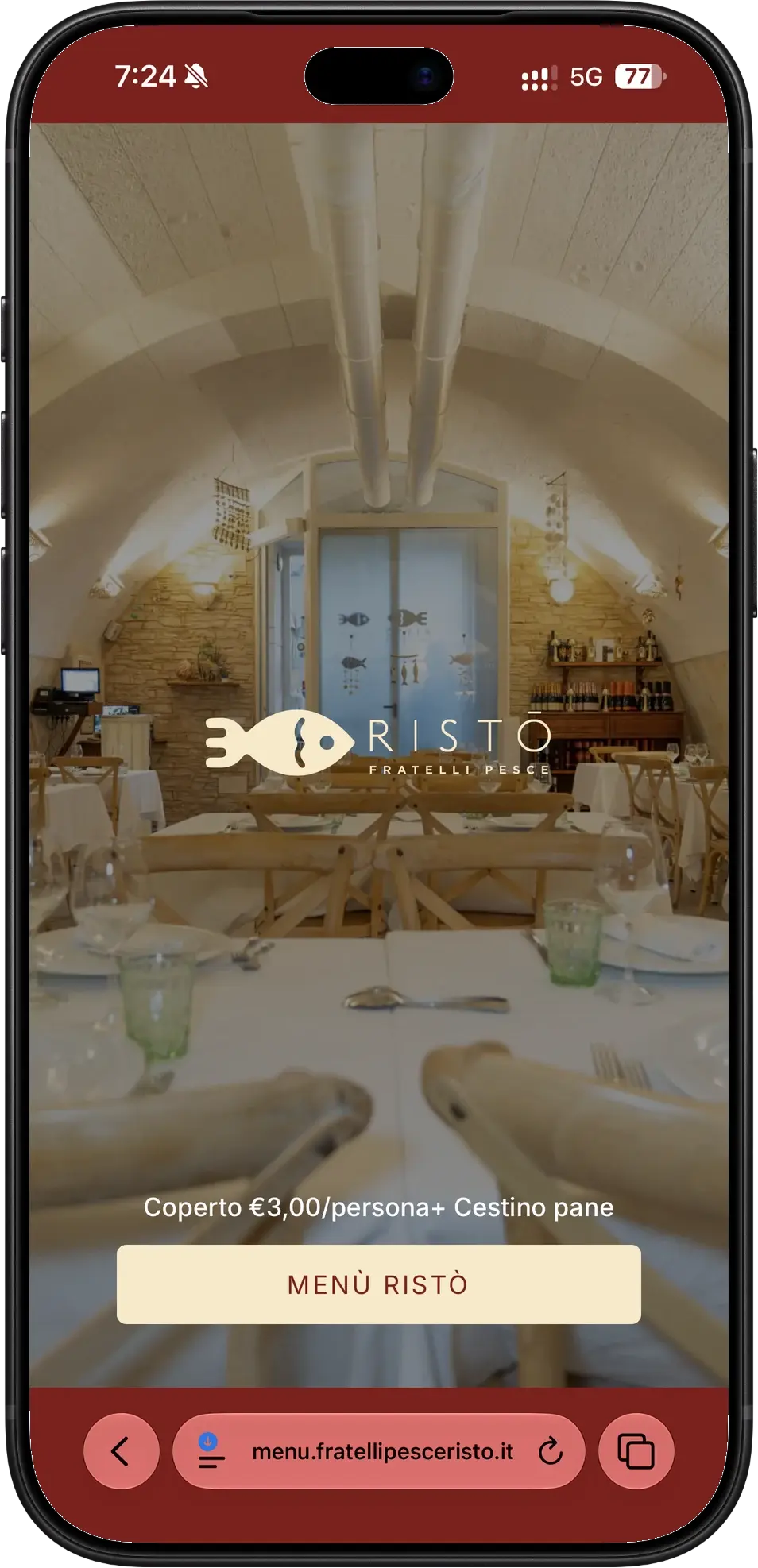 Schermata di benvenuto del menù di Ristò Fratelli Pesce con la foto della sala