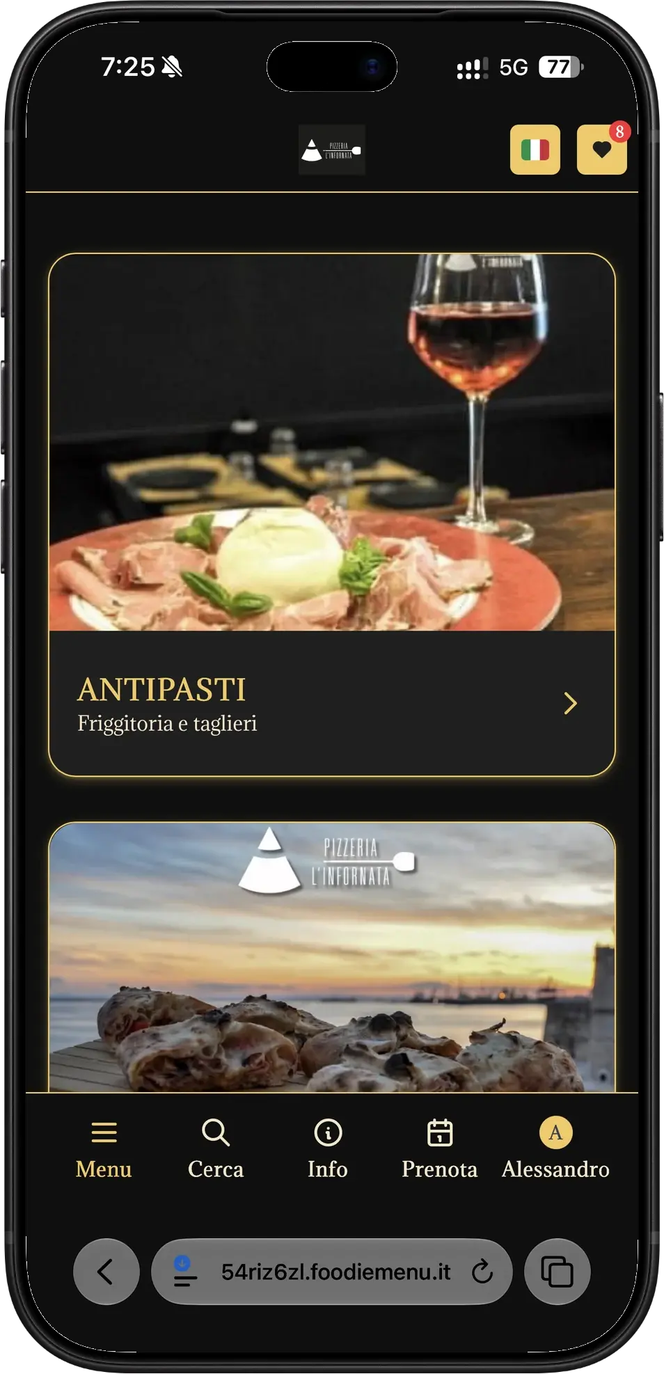 Menù digitale della Pizzeria L’Infornata aperto su iPhone