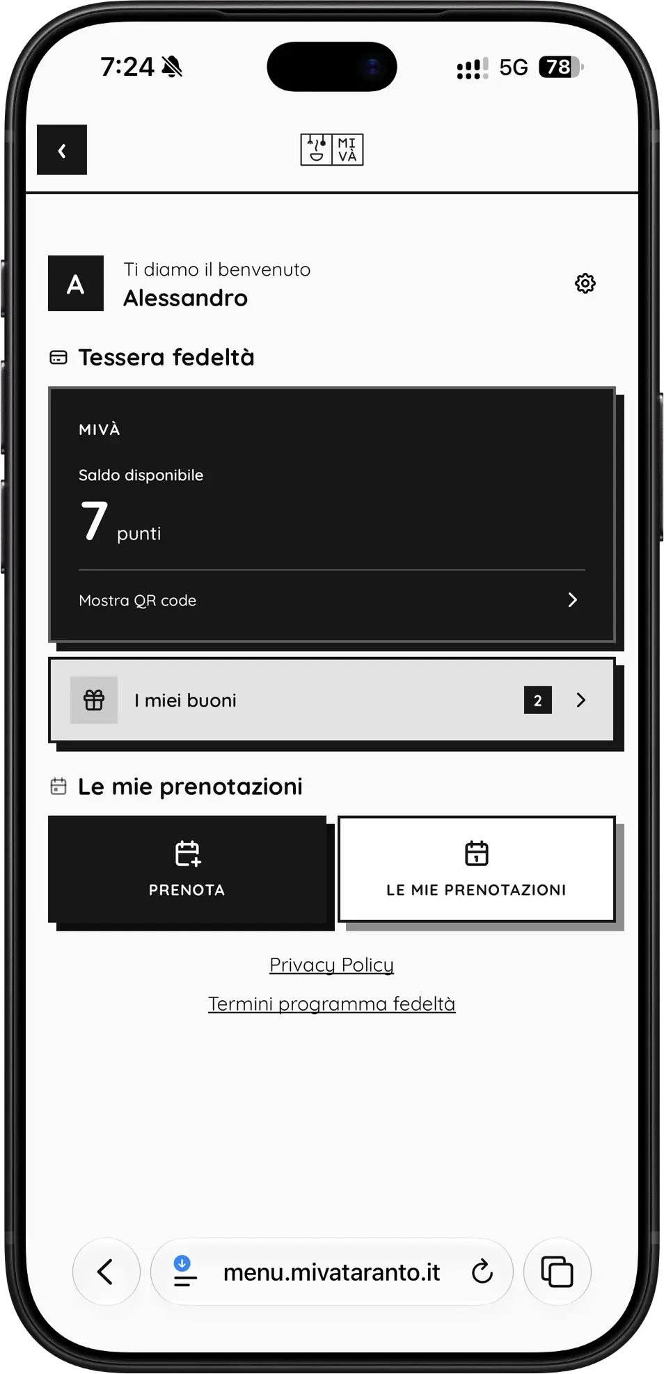 Area cliente di MiVà con tessera fedeltà, saldo punti, buoni e prenotazioni