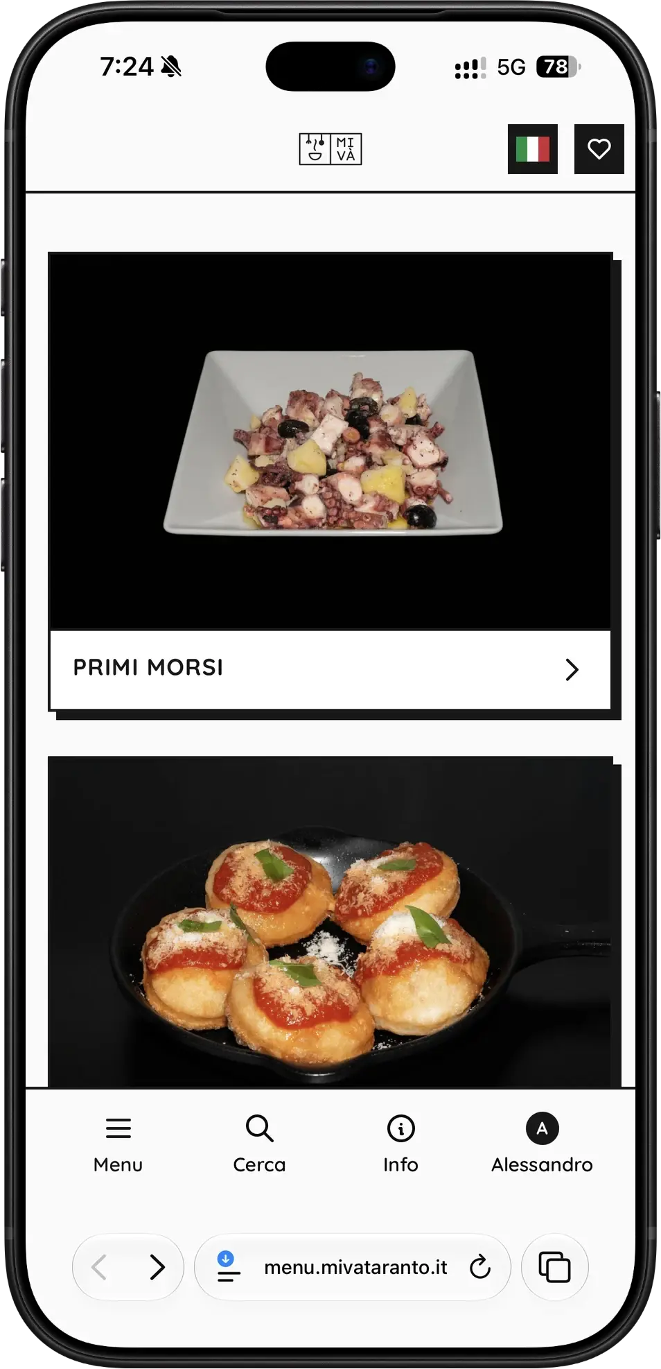 Menù digitale di MiVà con le foto dei piatti